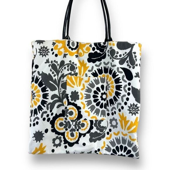 Pure Honey Reversible Canvas Market Tote Black Yellow Swirl Floral To Polka Dots - Picture 1 of 11